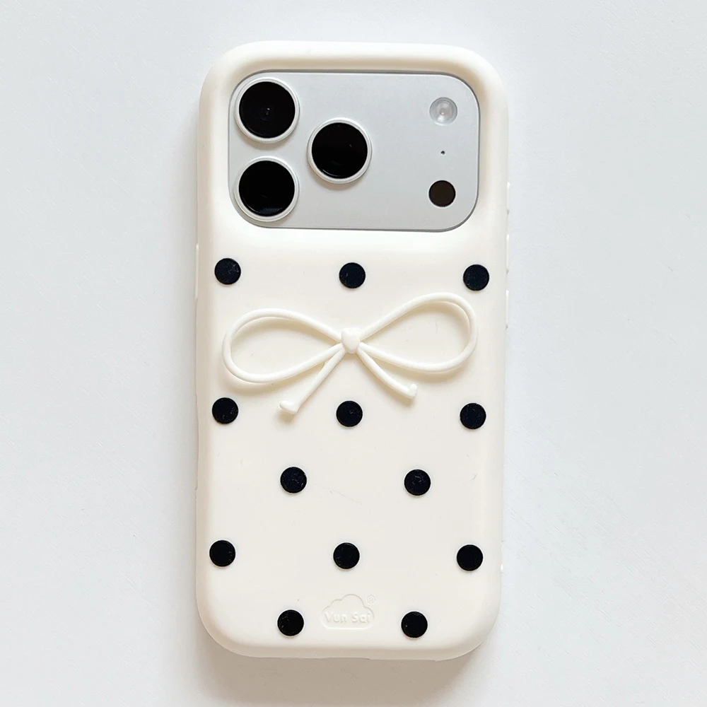 

3D Black Polka Dots Cute Bowknot Shockproof Phone Case for iPhone 16pro 17pro 13 14 plus 15 17Promax Silicone Protective Cover