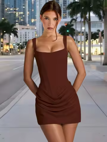 Elegant Brown Spaghetti Strap Ruched Mini Bodycon Dress for Evening