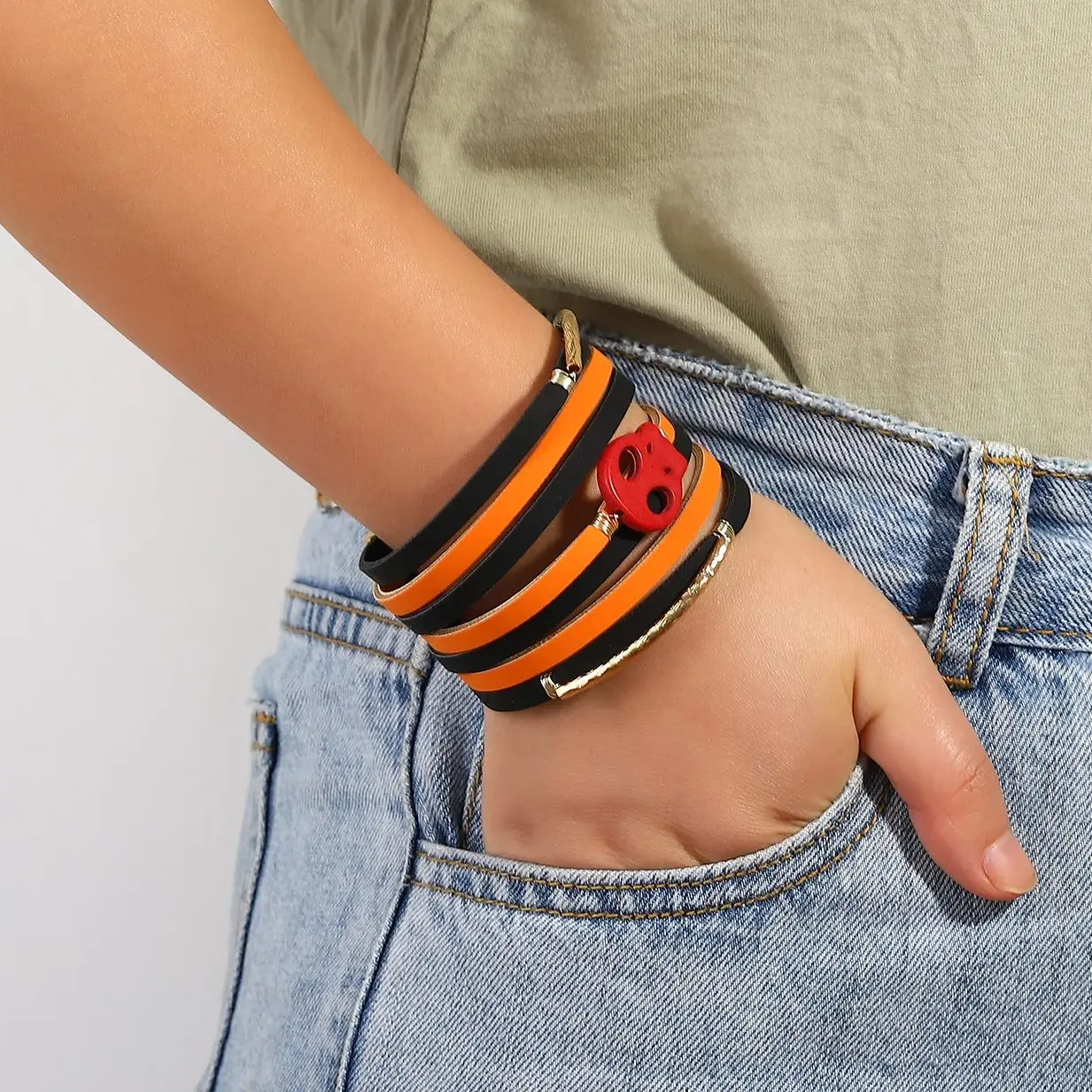 ALLYES Gothic Skull Two Tone Bracelet for Women Men Punk Rock Skeleton Multilayer Wrap Leather Bracelets Halloween Jewelry