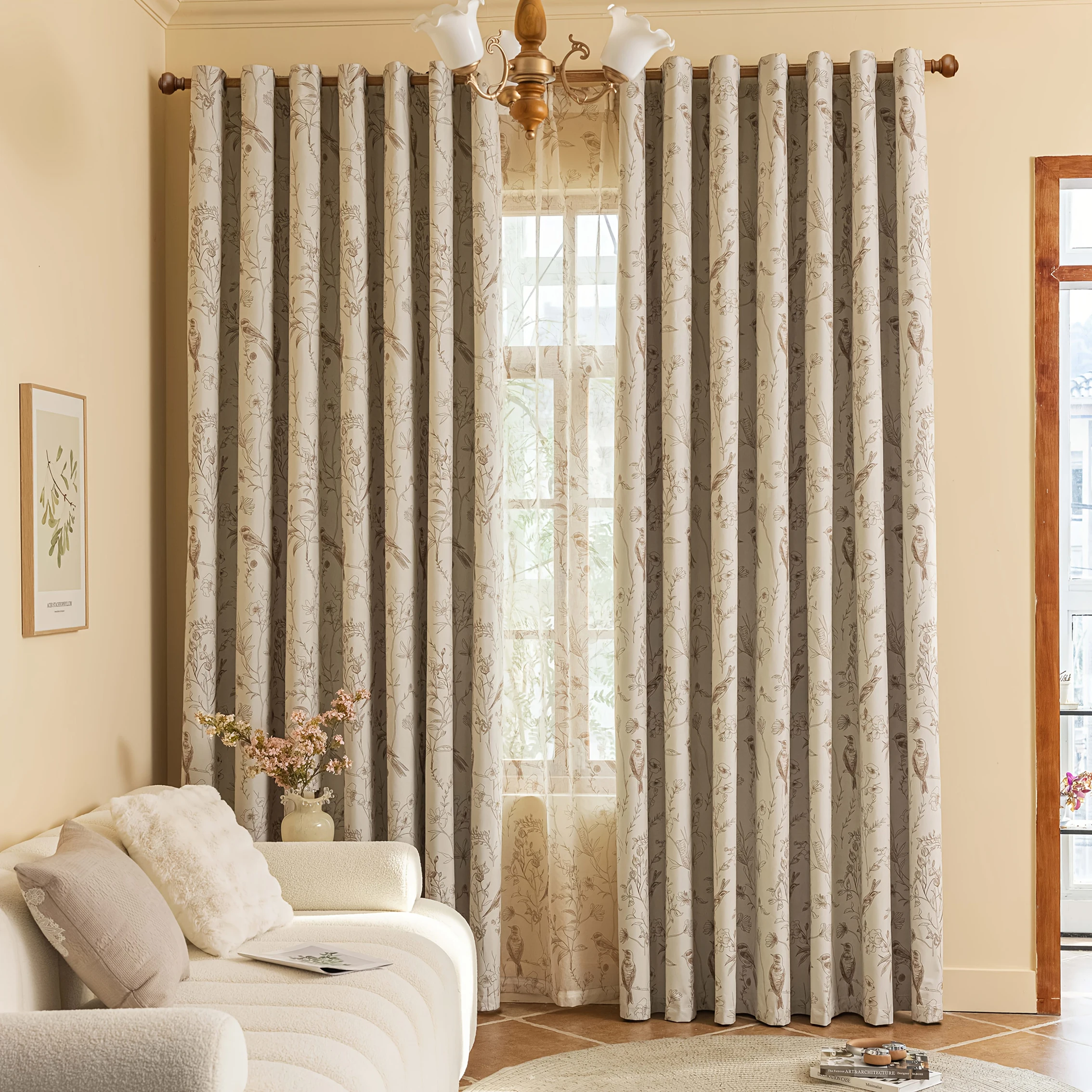 1Pc New Bird on Branch 100% Blackout Double Layer Composite Rod Pocket Curtains for Home Heat Insulation and Light Blocking in Living Room, Bedroom, Office, Party, and Daily Decoration