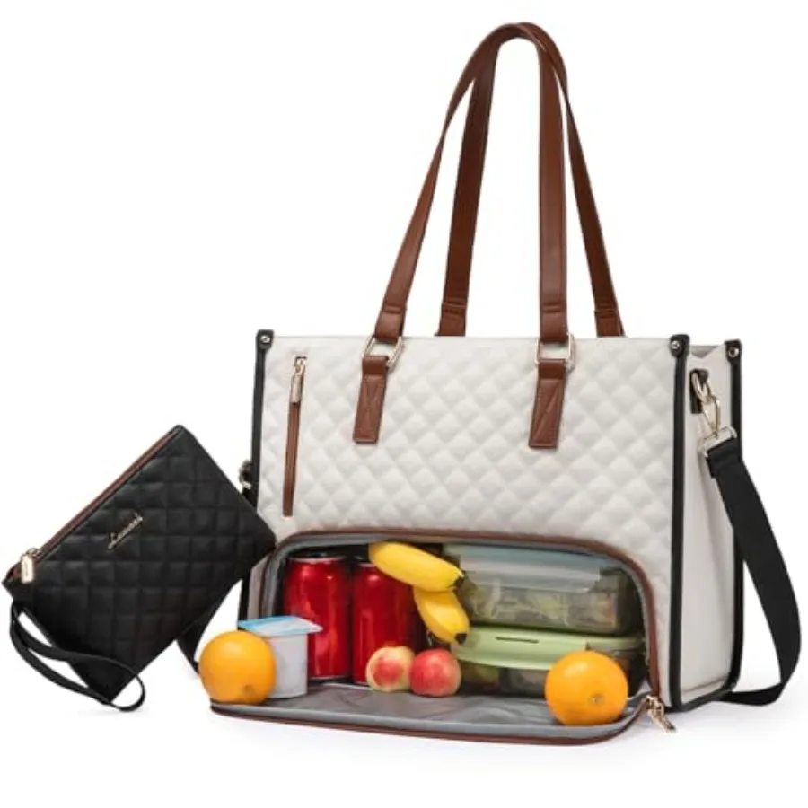 

Lunch Tote Bag for Women Laptop Bag with Insulated Lunch Compartment Quilted Large Capacity Computer Handbag with Purse for Bus