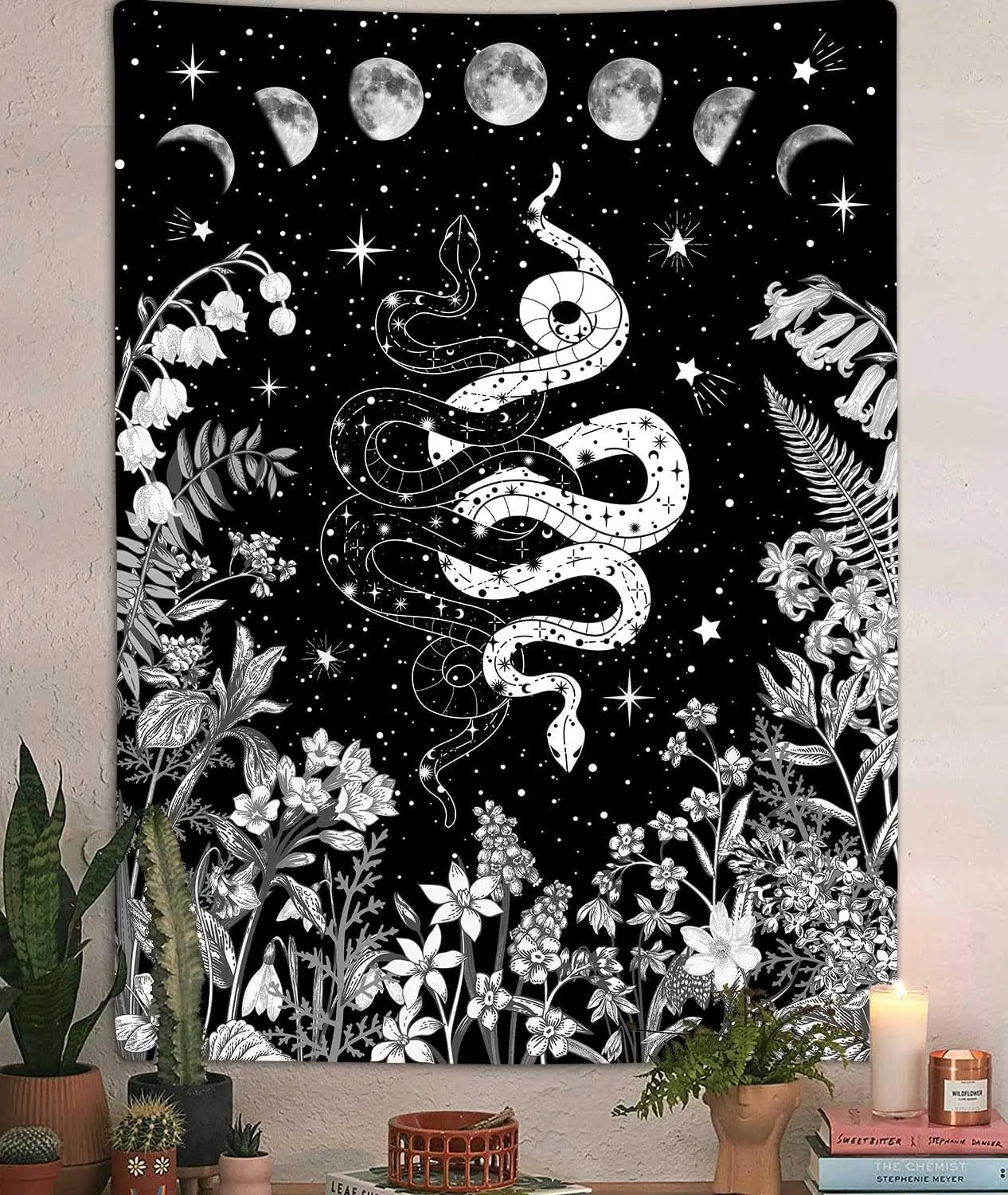 Moon Phases Snake Tapestry - Mystical Black & White Wall Art, Botanical & Celestial Decor, Bedroom & Dorm Hanging Multiple Sizes
