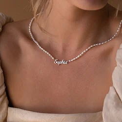 Colar frisado com nome personalizado para mulheres, pingente de nome personalizado, moda pérola jóias aço inoxidável colar de placa de identificação