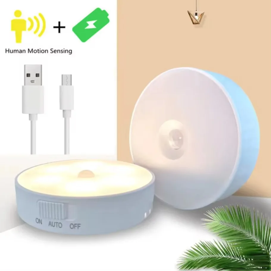 

Motion Sensor Light LED USB NightLights Round Chargeable Lamp For Bedroom Kitchen Stair Hallway Wardrobe Lighting Cupboard Lamp