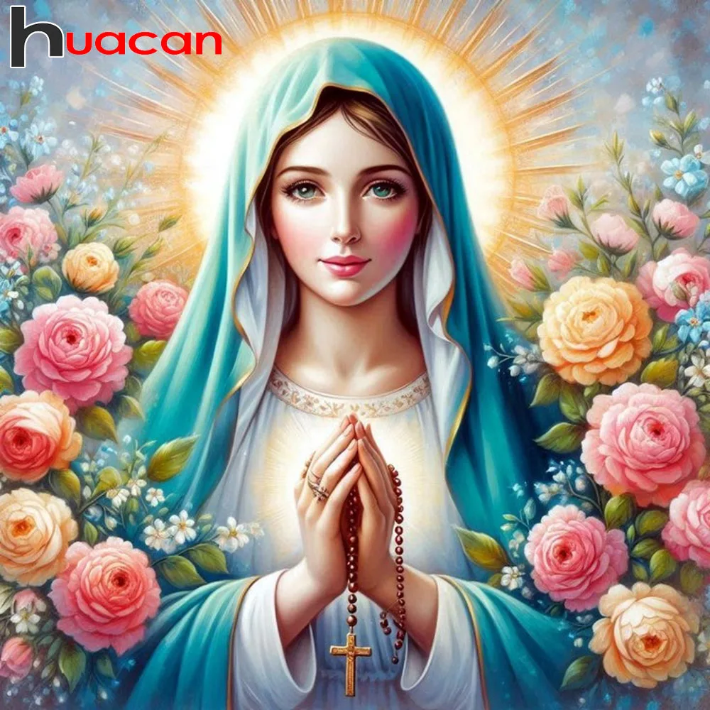 Huacan 5D-Diamantgemälde zum Selbermachen, Jungfrau Maria, voller Platz, runder Bohrer, Mosaik-Kunst, Blumenstickerei-Set, Heimdekoration