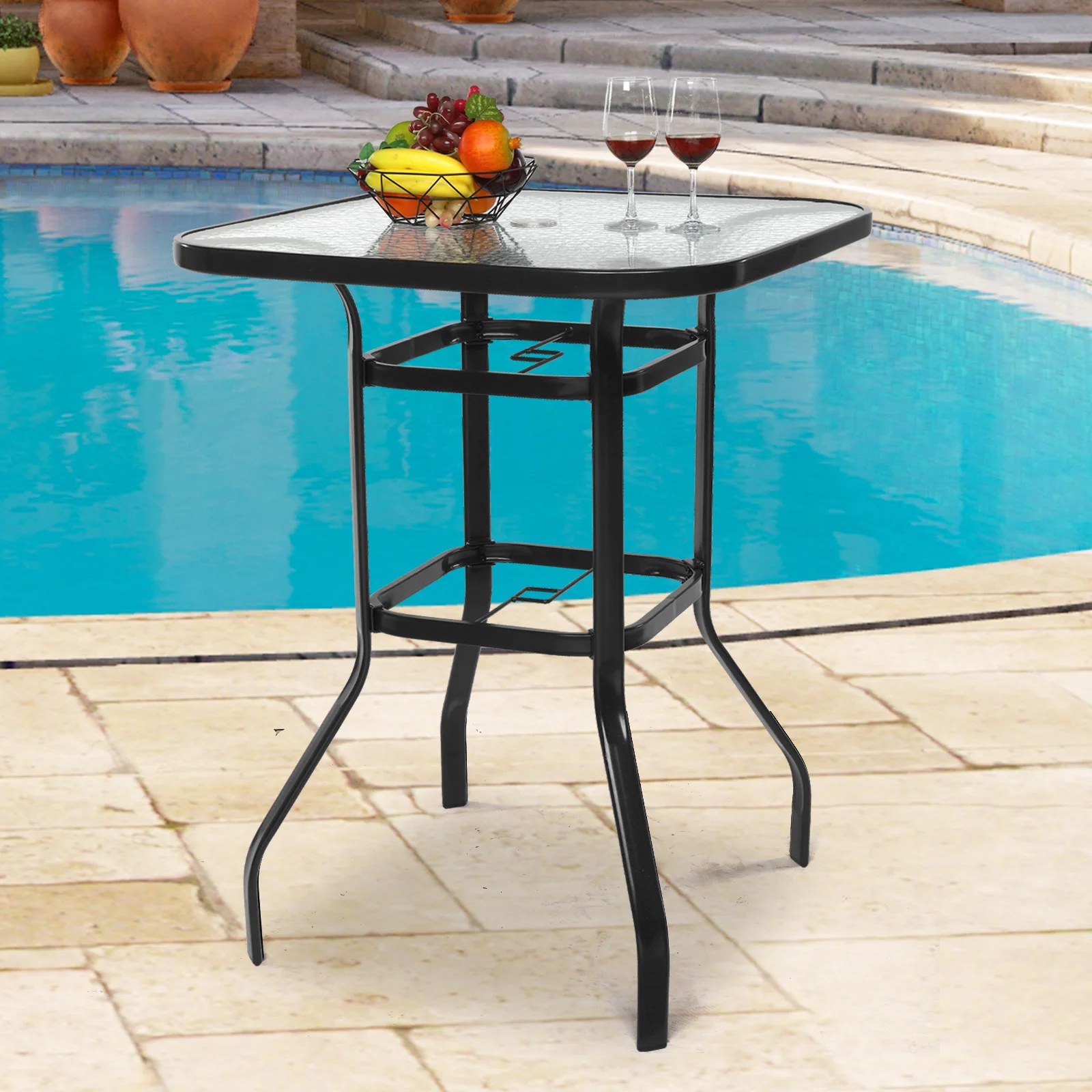 Patio Bar Table, Square Bar Height Bistro Table with Tempered Glass Tabletop,Outdoor Cocktail Table for Patio Yard Poolside