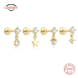 CANNER 1 Pair 925 Sterling Silver Pentagram Geometric Zircon Flat Head Piercing Bone Nails For Women Earrings Fine Jewelry