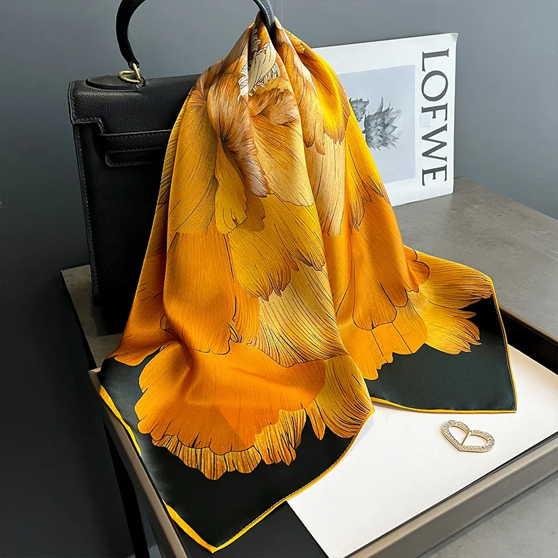 100% Silk Black Yellow Peony Small Square Scarf Silk Scarf Women's Spring and Autumn Decoration Scarf Shawl