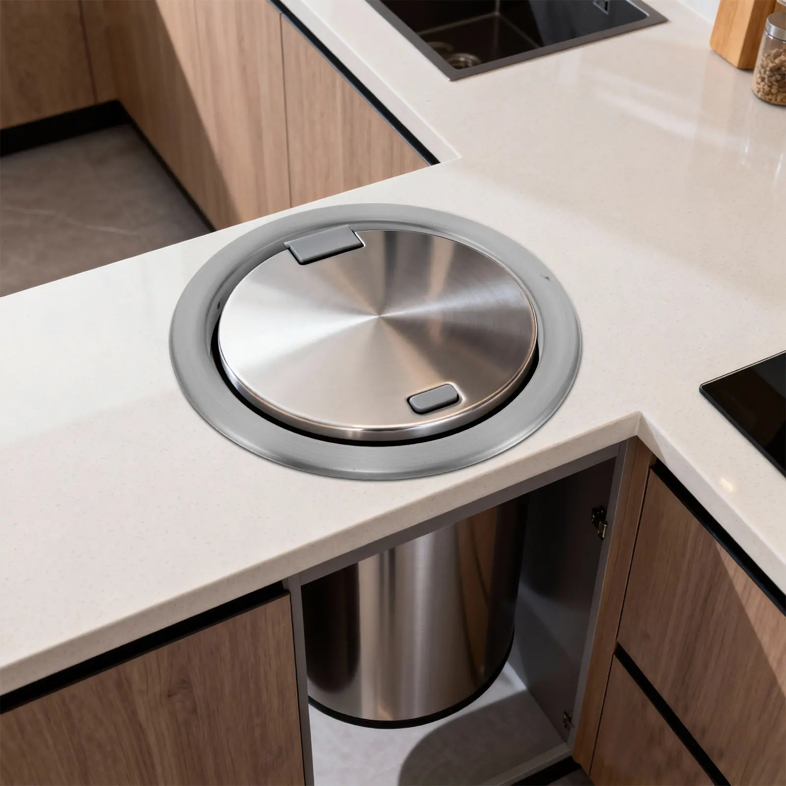 Round Stainless Steel Trash Grommet Decorative Cover Countertop Embedded Trash Chute Inserted Drop-in Bin Lid Flush Mount