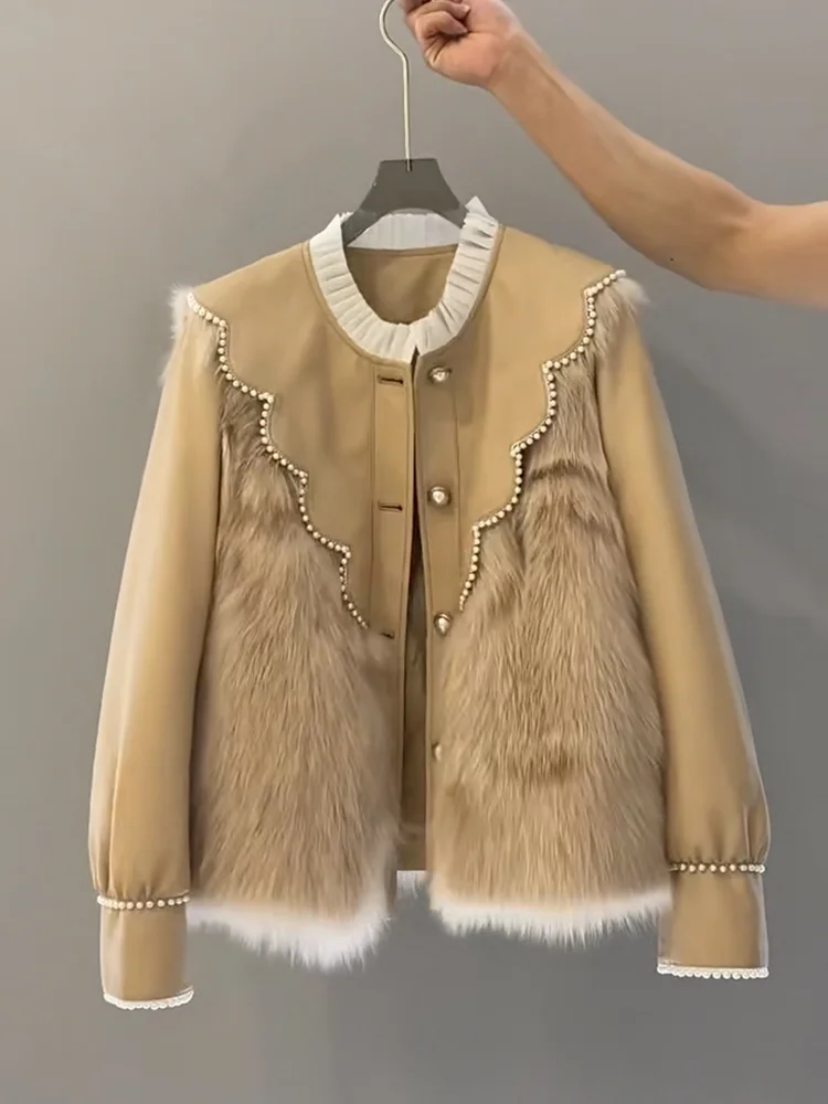 

Big Size Fake Fur Coat Women Loose Temperament O Neck Long Sleeve Single-breasted Beading Thickening Jacket 2022 Winter New