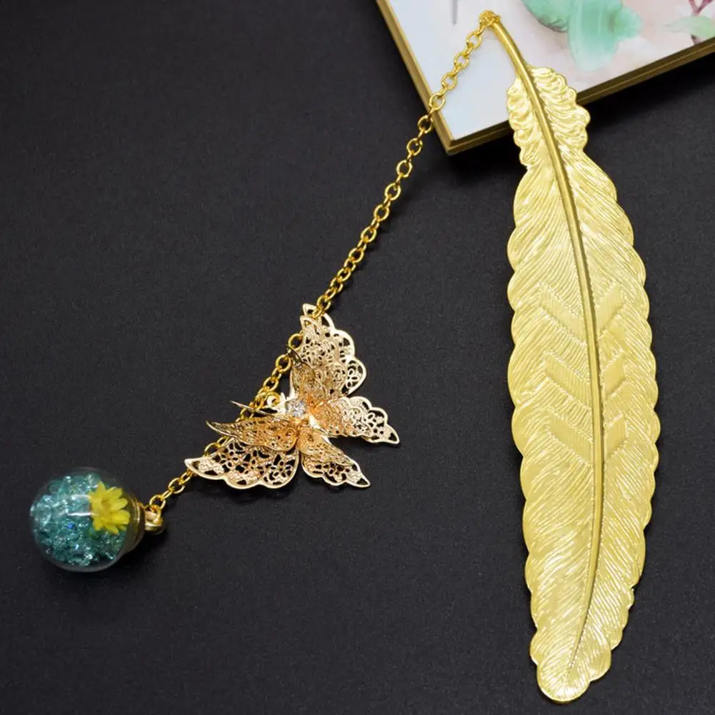 ブックマーク-ヴィンテージメタルフェザーとバタフライペンダント,ドライフラワーブック,先生の贈り物,ギフトボックス付きアクセサリー