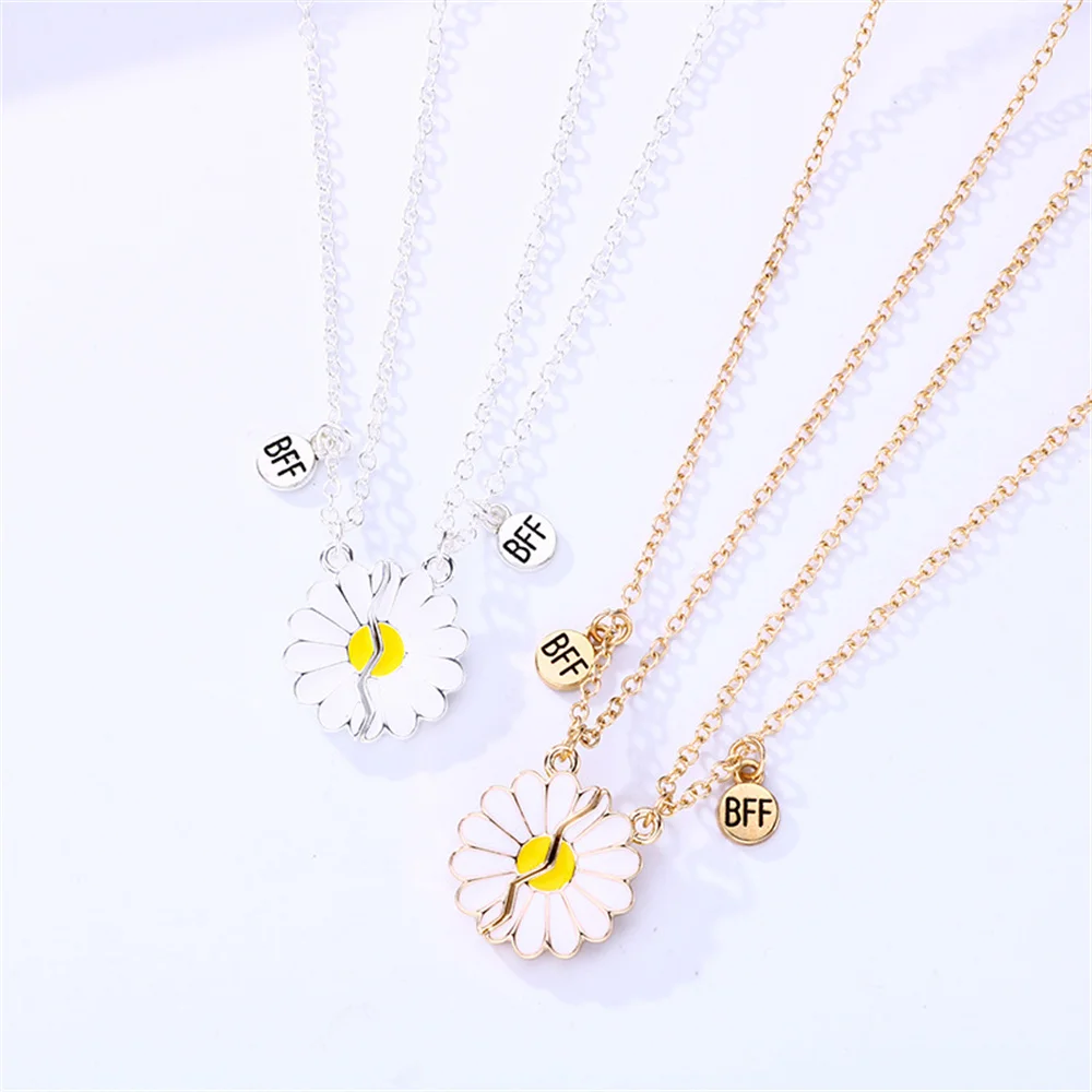 2pc Hot Daisy BFF Necklace with Magnetism for Kids Elegant Flower Pendant Sister Necklace Girlfriend Gift DIY Women Fine Jewelry