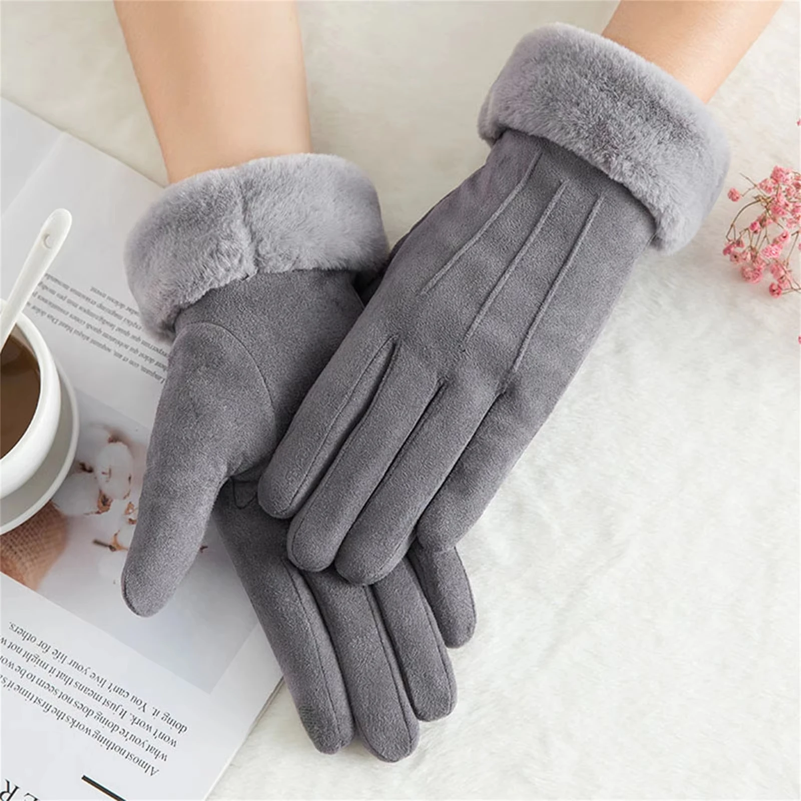 New Thick Plush Sleeves Suede Gloves Soft Warm Solid Fall Winter Outdoor Cycling Windproof Mittens High-end Bridal Gloves