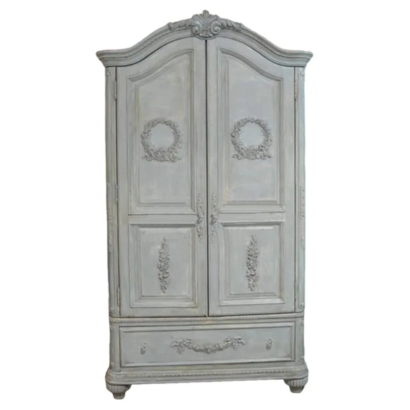

French wardrobe solid wood carving flower retro old home double door locker American bedroom storage two door wardrobe