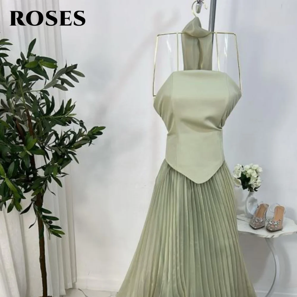 Rosas verde plissados vestidos de baile com lenço sem mangas vestidos de noite sem alças 3d-flores vestido de festa para mulher personalizado
