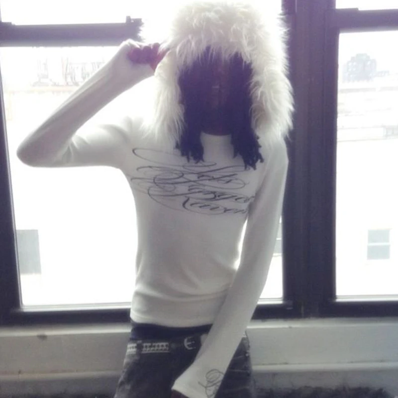 الهيب هوب الشرير الجرونج الرجال النساء كم طويل تي شيرت عادية سليم شيك القوطية إلكتروني طباعة بلوزات مستديرة العنق Y2K Harajuku للجنسين الشارع الشهير #1