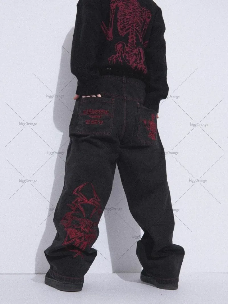 

Hip-hop Harajuku Streetwear Trousers Gothic Skeleton Y2K Jeans Men High Street Retro Casual Baggy Denim High Waist Wide Legs