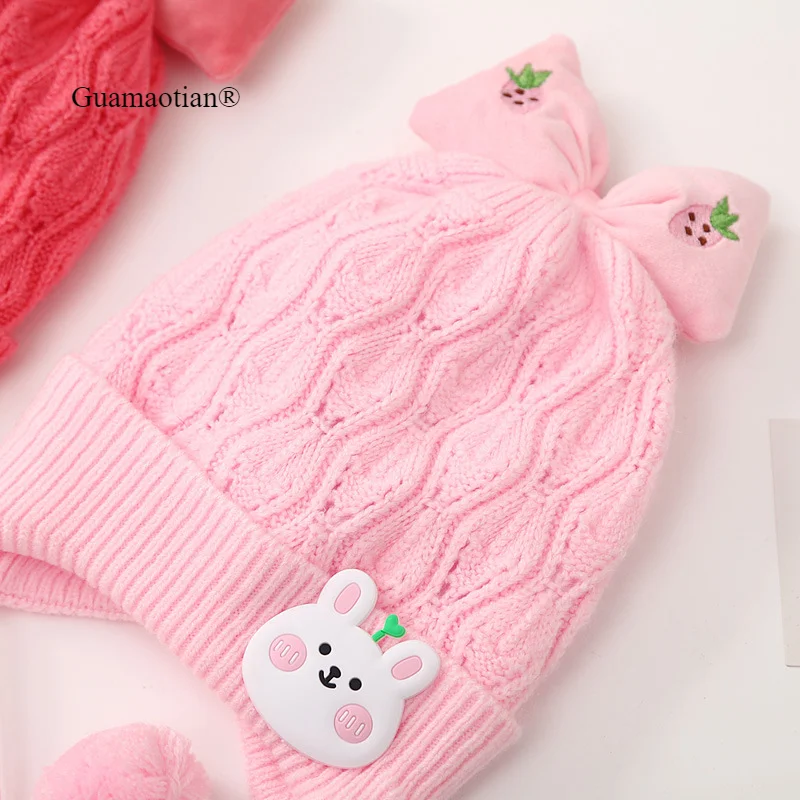 Winter Cute Warm Knitted Baby Hat Kids Ear Protection Caps with Bow Pink Cartoon Bunny Beanie Hat for Girls 0-12M