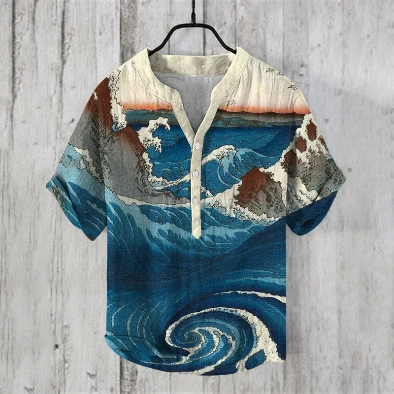 Men's Hawaiian Art Print Short Sleeve Loose Three-Breasted Shirt 3D Casual Fashion Wave Series Casual Linen Cardigan Top