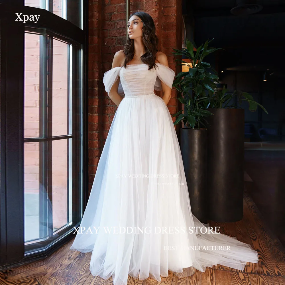 

XPAY Princess Off Shoulder Beach A Line Wedding Dreses Sleeveless Pleat Tulle Customized Elegant Backless Floor Boho Bride Dress