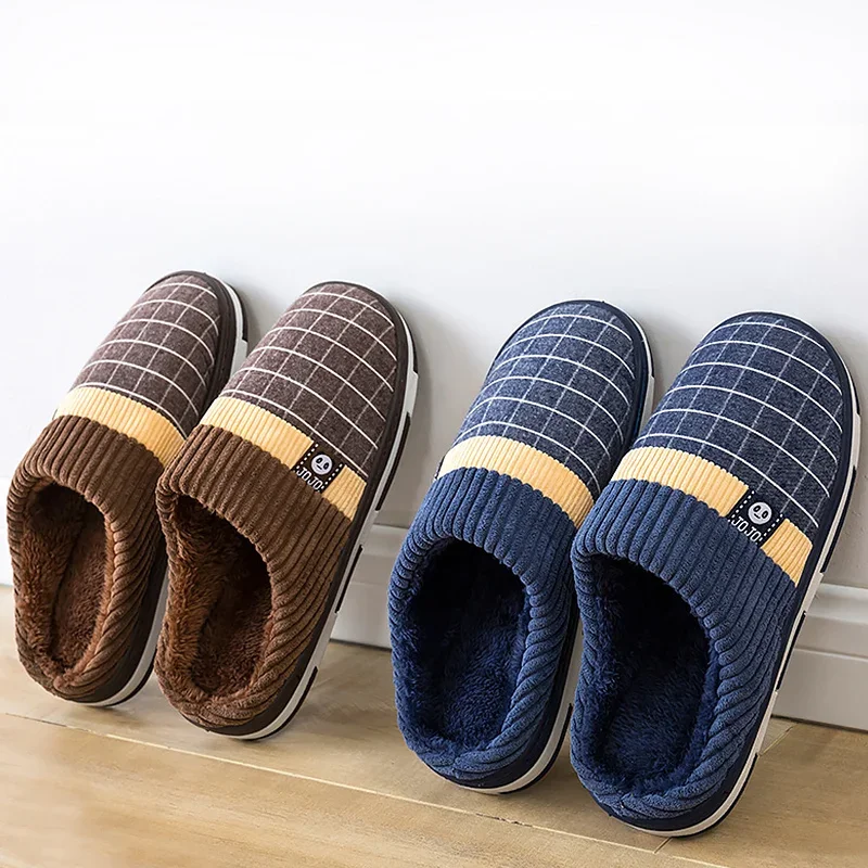 2022 Men Slippers New Warm  Men\'s Slippers Short Plush Flock Home Slippers for Men Hard-wearing Non-slip Sewing Soft Male Shoes