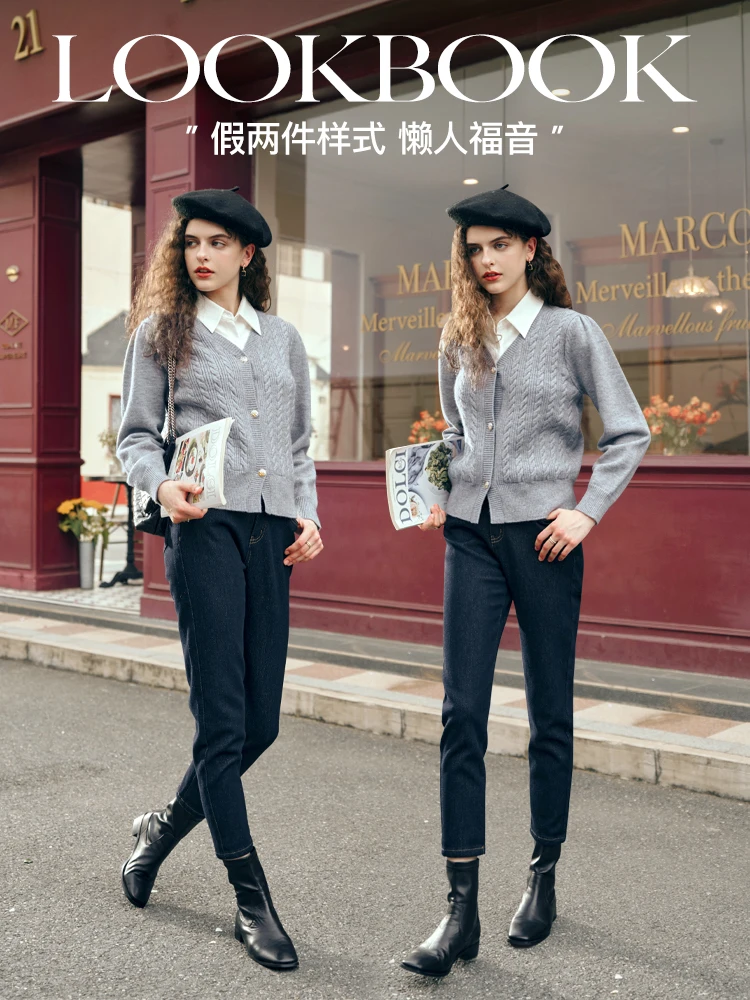 

OLrain Women's Fake Two-Piece Cardigan 2025 Autumn Fall Ladies Preppy Style V-Neck Tops Knitted Woman Solid Knitwears O23DM86198