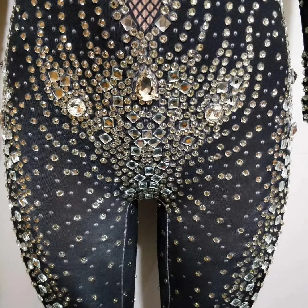Glänzende Strass Frauen Outfit Schwarz Overalls Geburtstag Disco Kostüme Nachtclub Dance Bühne Leistung Festival Body