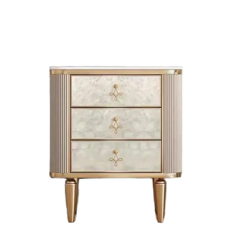 ^Modern 3 Drawer Shell Nightstand Luxury Champagne Gold Small Size Bedroom Furniture, Italian Nightstand
