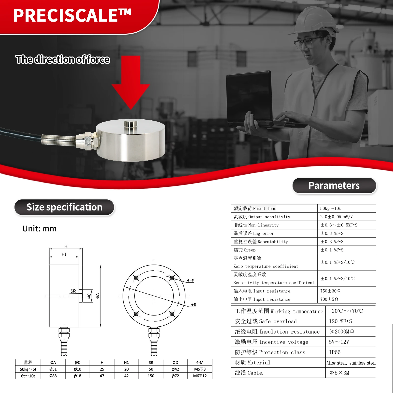 

Load Cell Sensor with Indicator Display,Outer diameter 51,Test Pressure Force and Compression Force,AC100-240V Wide Voltage