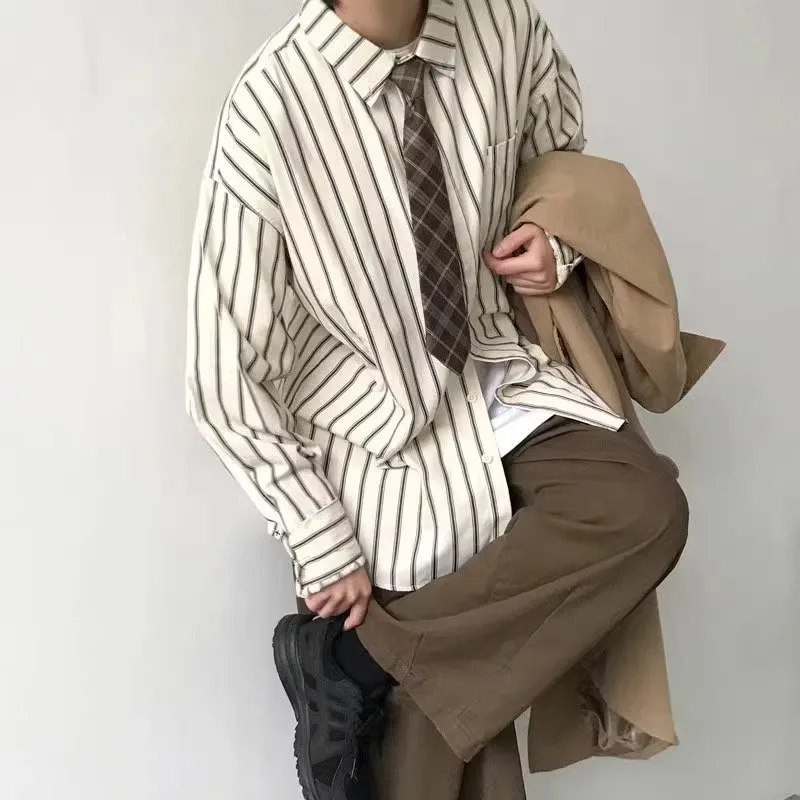 Unisex Striped Long Sleeve Shirt For Men Autumn & Spring Japanese Retro Layered Top Women Shirts Niche Design Inner & Outer Wear