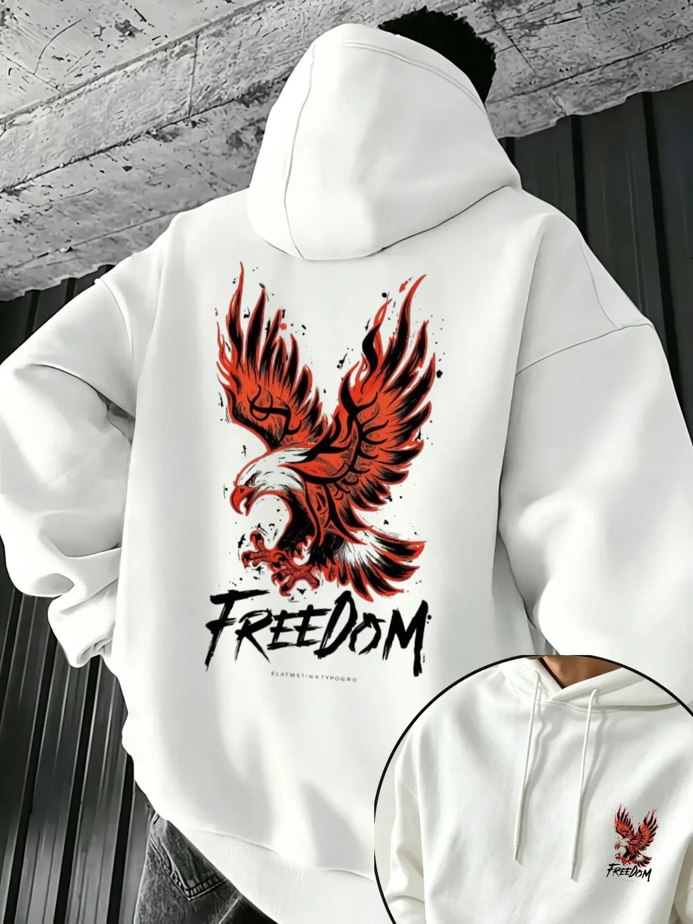 Men Hoodie American Street Red Black Eagle Freedom Splash Ink Back Print Autumn Winter Fleece Lined Loose Fit Hooded Sweatshirt