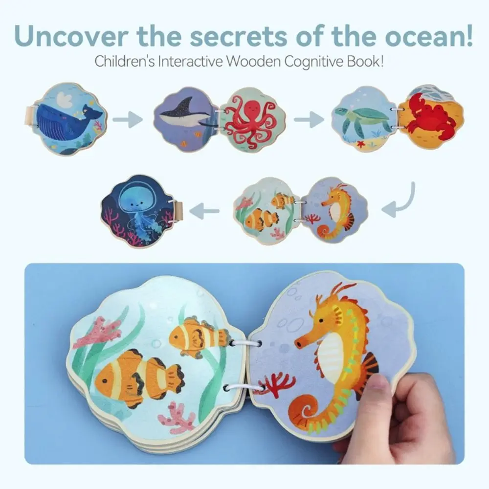 Marine Animals Illustration Montessori Baby Book Early Learning Home Educational Wooden Boo Durable Construction Wooden Material