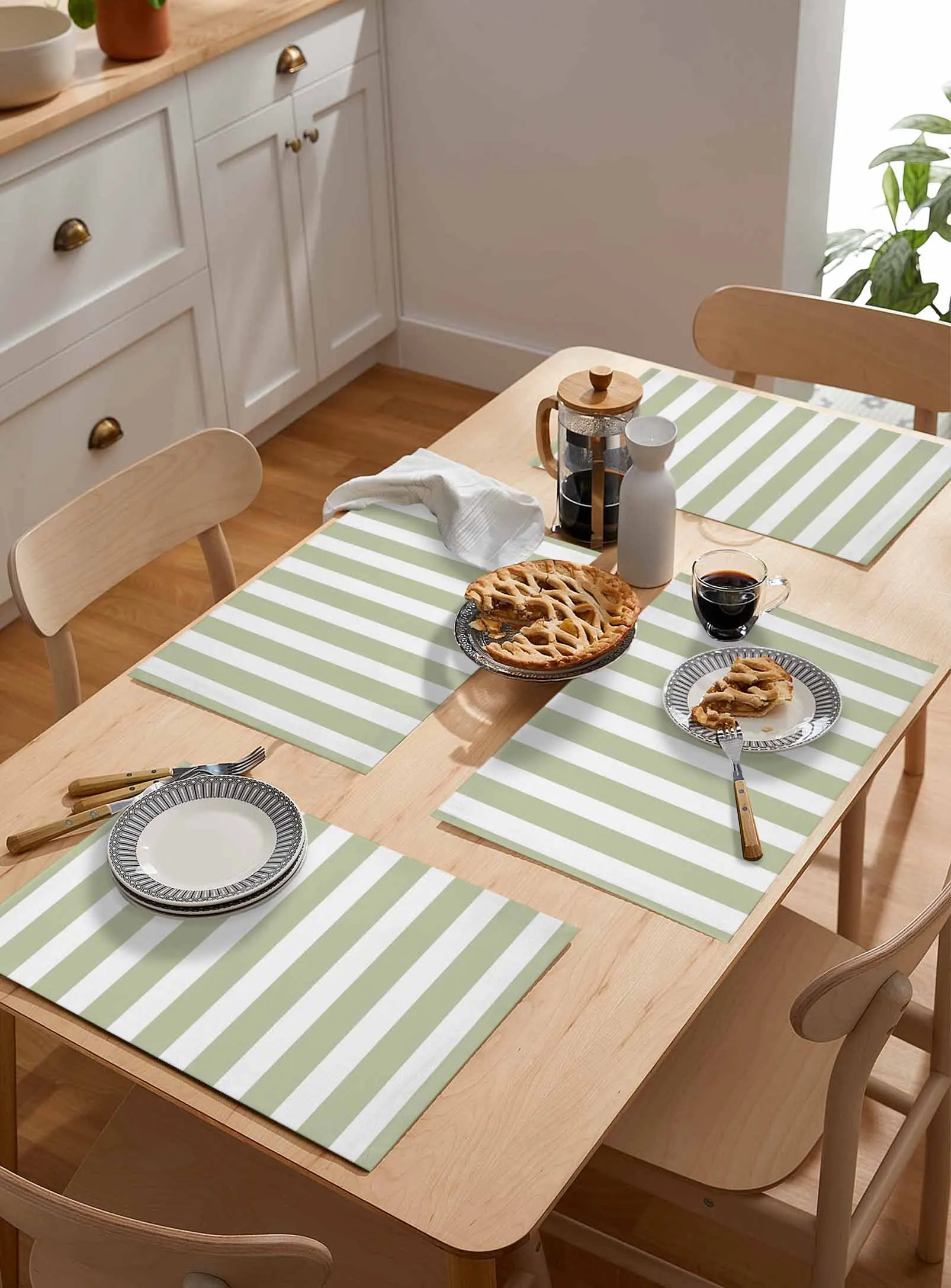 Striped Sage Green Kitchen Tableware Cup Bottle Placemat Coffee Pads 4/6pcs Desktop Mats