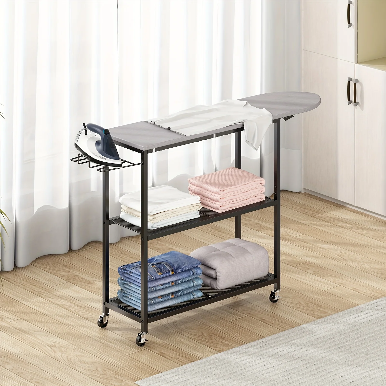 Three Layers Ironing Board Cart with Two Layers Of Shelves,Three Layers Of Movable Ironing Boards,And Multiple Of Shelves