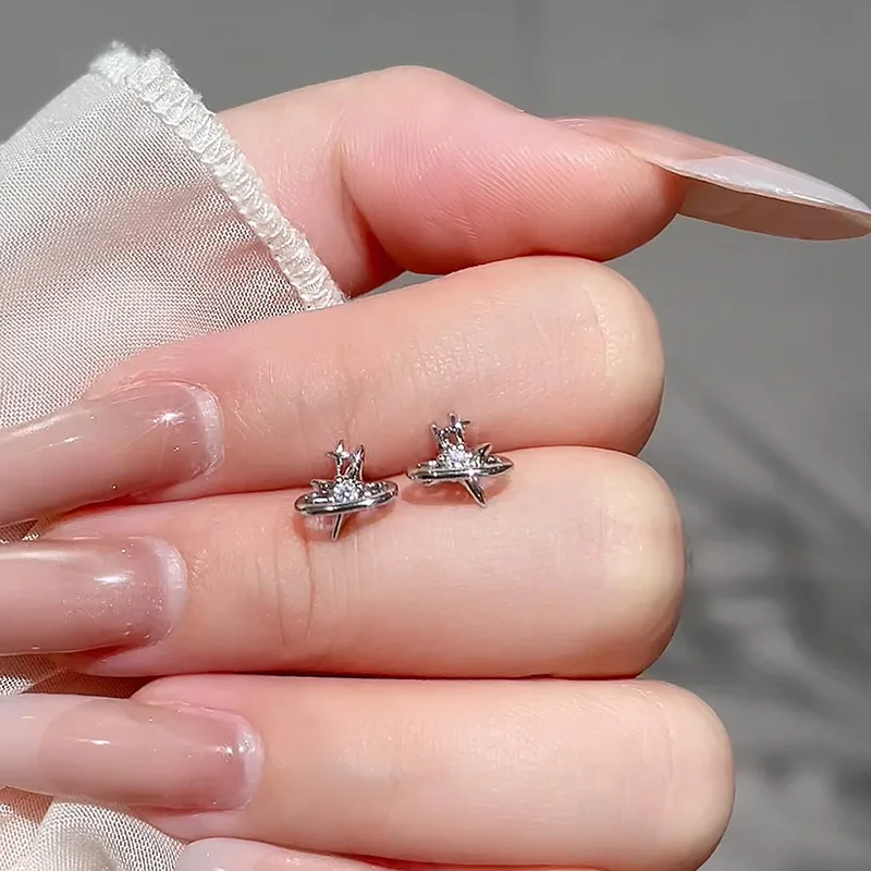 925 Sterling Silver Jewelry Crystal Four-pointed Star Stud Earrings for Women Wedding Party Jewelry For Girls Friend Gift