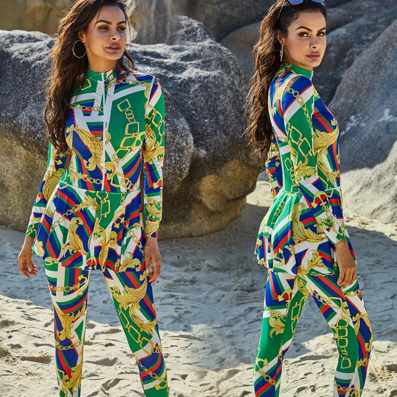 2024 New Printed High Neck Long Sleeve Sunscreen One Piece Swimwear Summer Muslim Full Surround Swimwear