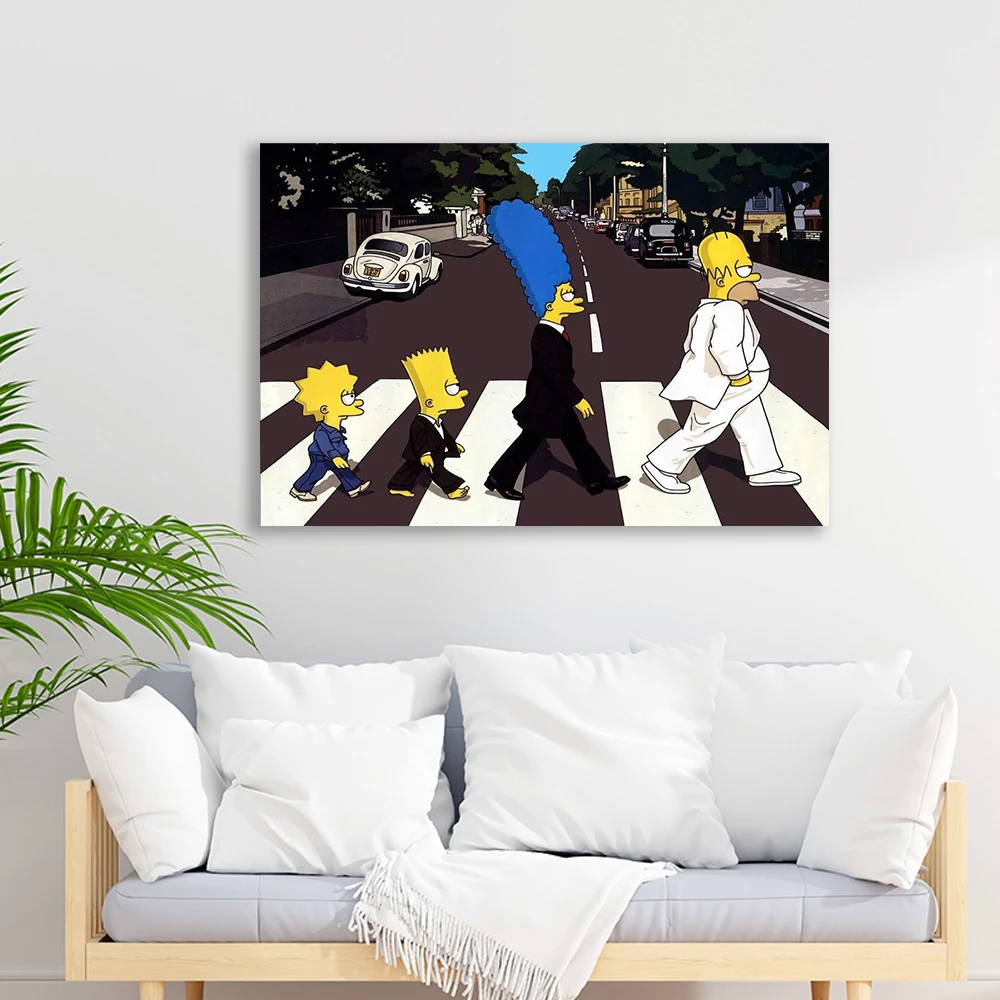 Disney Simpson Poster Simpson Family Crossing The Road Funny Canvas Painting Prints Wall Art Mural Living Room Home Decoration