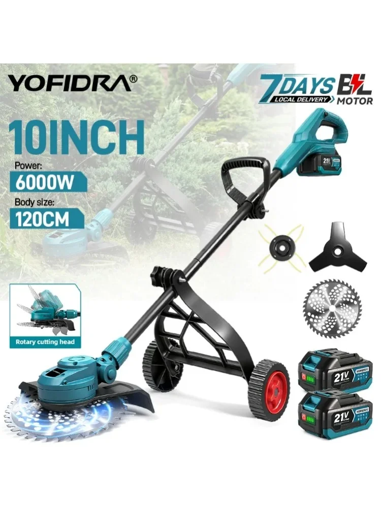 YOFIDRA 10-Zoll Bürstenloser Elektrischer Rasenmäher 6000W 58000U/min Garten Klappbarer Rasentrimmer Elektrowerkzeug für Makita 18V Akku