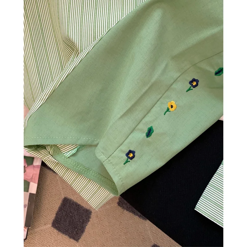 Spring Green Stripe Shirt Women\'s Blouse Chic Embroidery Design Long Sleeves Casual Tops Fashion Vintage Button Femmes Shirts