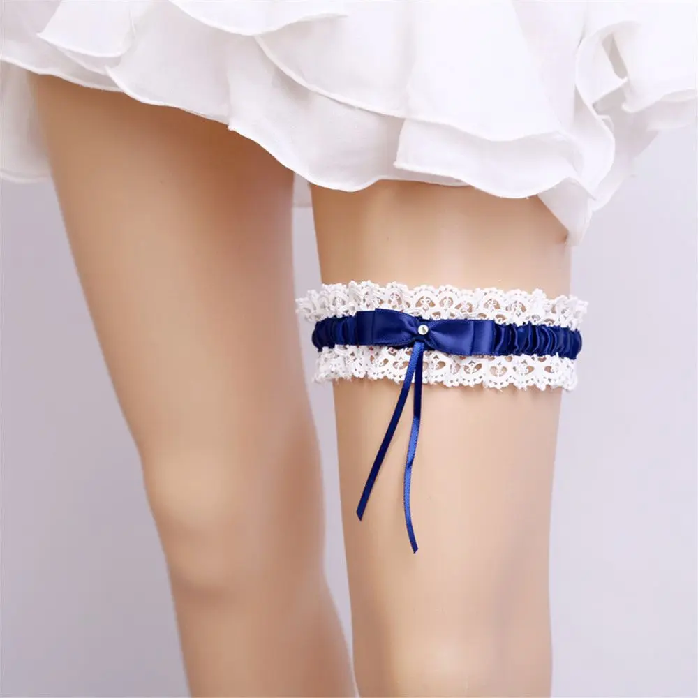 Women Girl  Sexy Bow Princess Cosplay Wedding Party Bridal Lace Floral Blue Leg Ring Loop Stocking Garter Belt Wedding