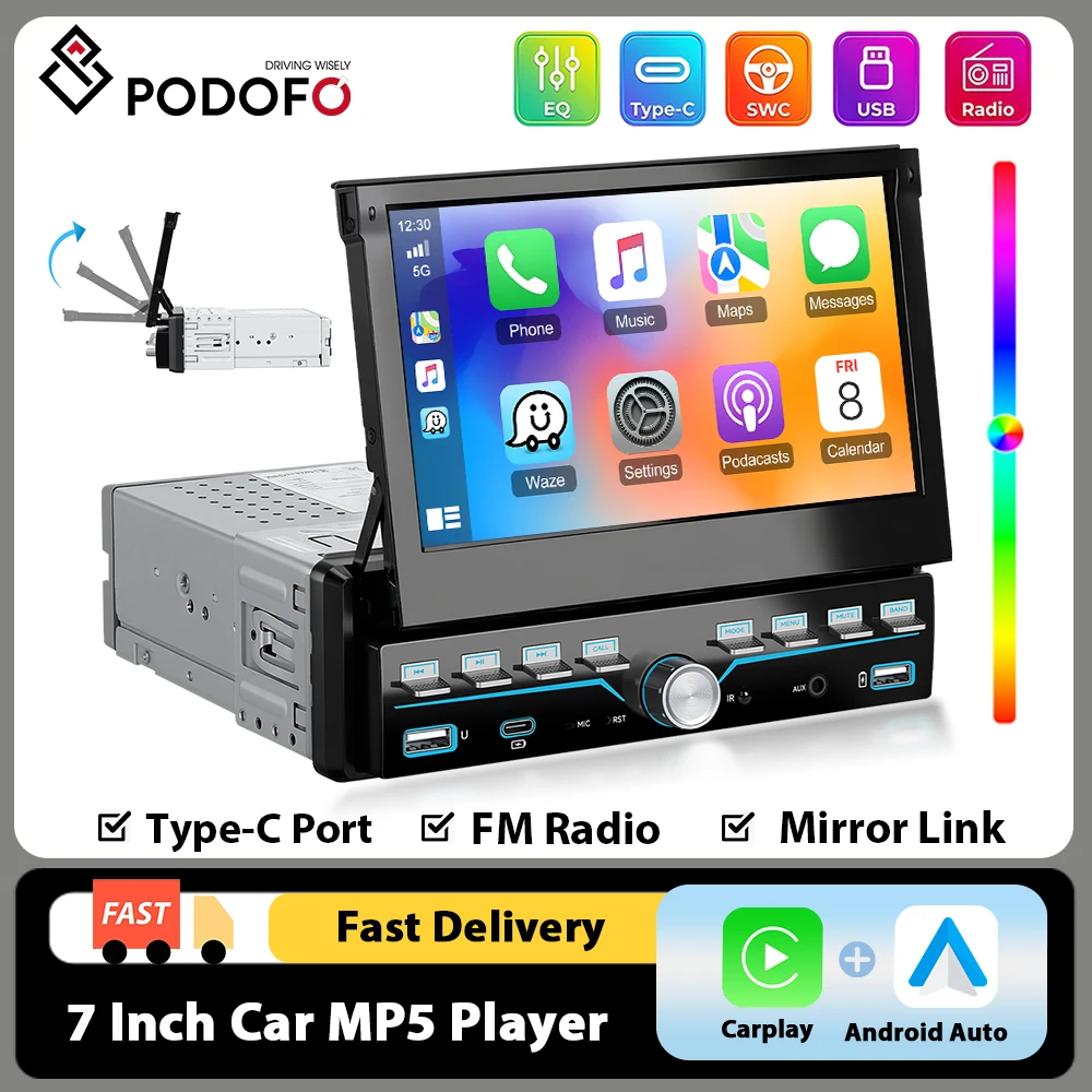 Reproductor Multimedia para Auto Podofo de 7 Pulgadas con Pantalla Retráctil MP5, Carplay, Android Auto, Radio Estéreo para Auto con Bluetooth, Receptor de Radio FM, Compatible con Cámara de Visión Trasera