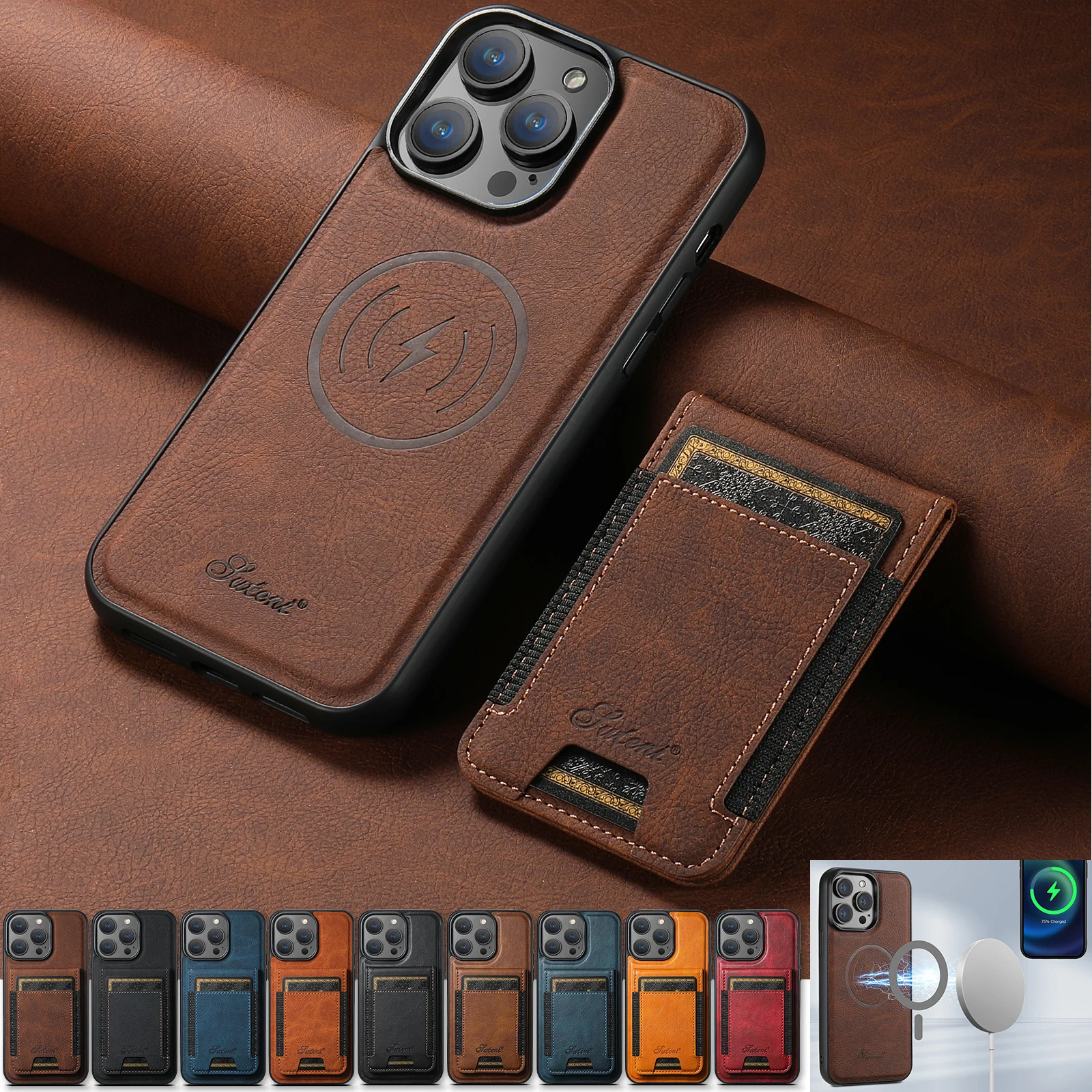 SUTENI Wallet Phone Case Card Holder Leather Magnetic Pocket Cover Magsafe Wireless charging For iPhone 12 13 14 16ProMax 15Plus