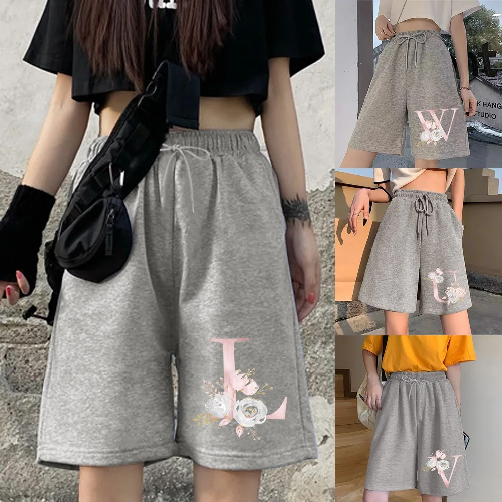 Women\'s Fashion Shorts Elastic Band Casual Cropped Pants Girls 26 Letter Print Series Student Harajuku Loose Shorts