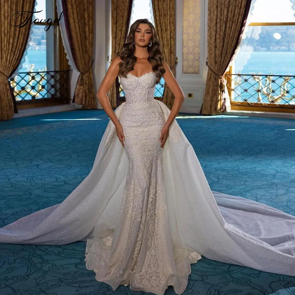 

Customized Strapless Sexy Mermaid Wedding Dresses Lace Embroidery Vestido De Novia For Women Detachable Train Robe De Mariee