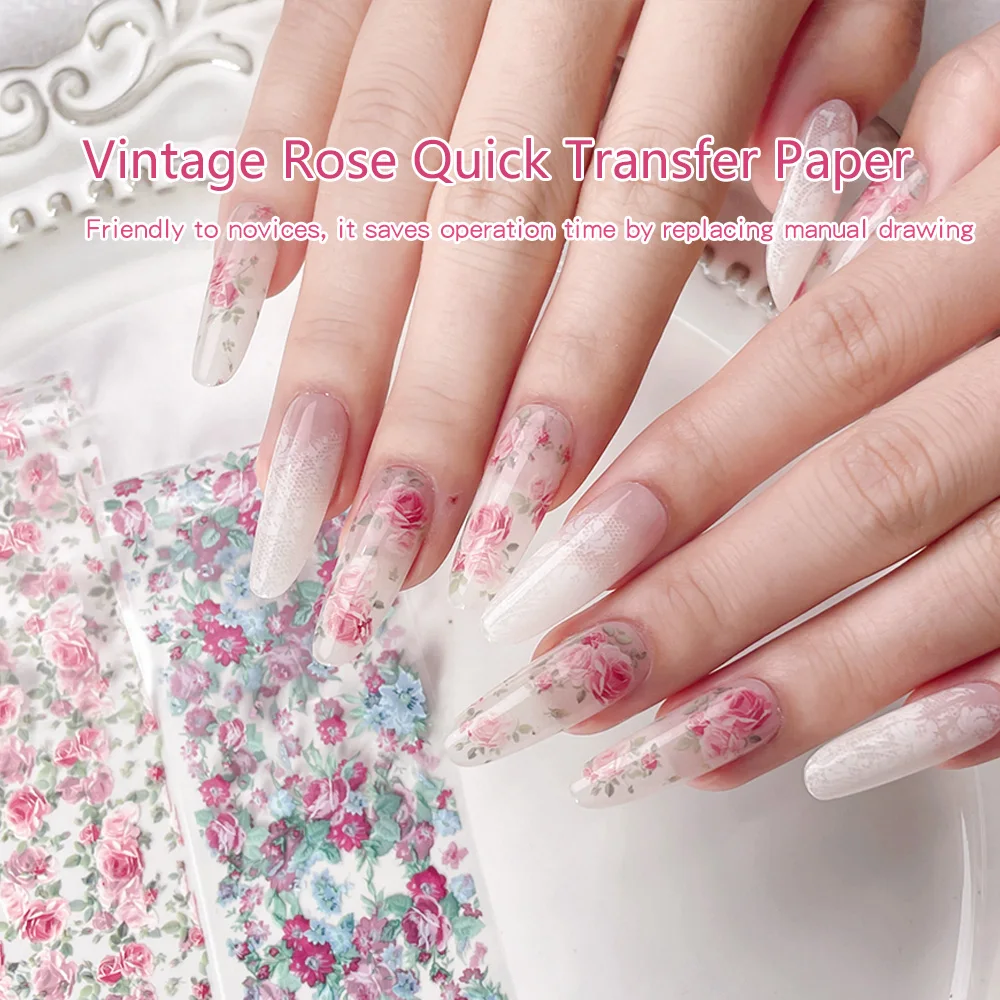 1PC Multicolor Rose Flower Nail Transfer Sticker Oil Painting Patterns Rose Print Patterns Vintage Floral Nail Transfer Stickers