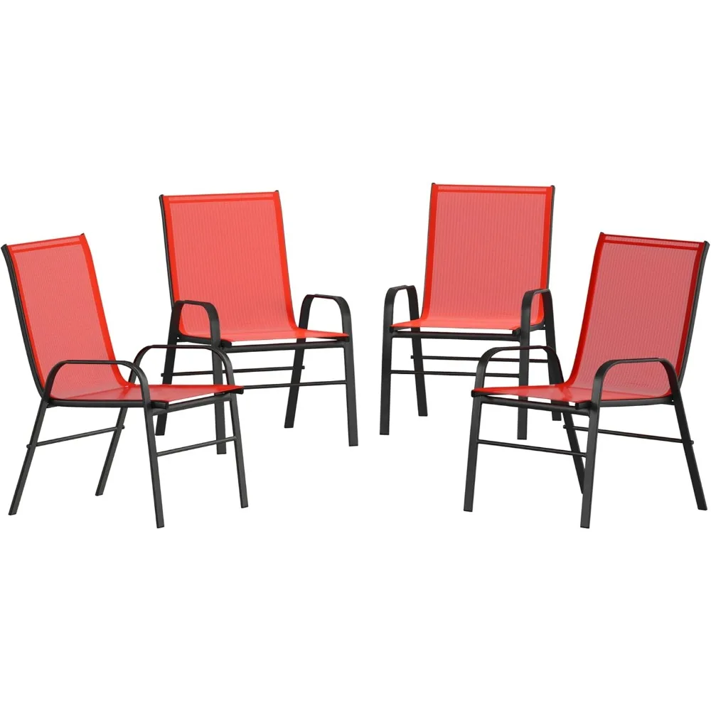 Brazos Series Red Outdoor Stack Chair with Flex Comfort Material and Metal Frame, Set of 4