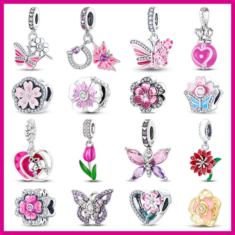 

925 Sterling Silver Pink Color Charms Beads Butterfly Rose Pansy Flower Pendant Fit Pandora Bracelet Necklace Jewelry Women gift