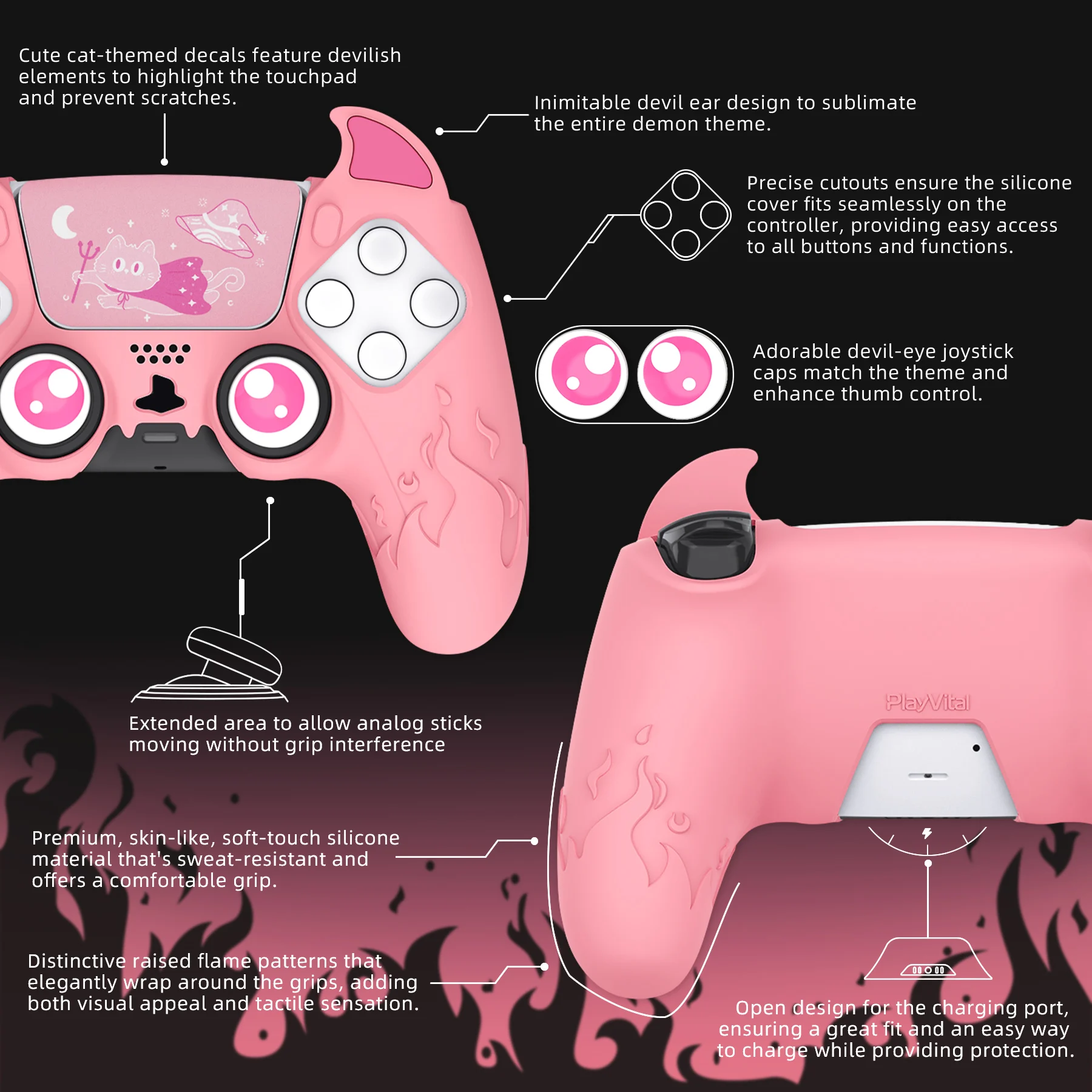 PlayVital Cute Demon Controller Funda de Silicona para ps5, Funda de Controlador Kawaii Protector de Piel para Gamepad para ps5 - Rosa