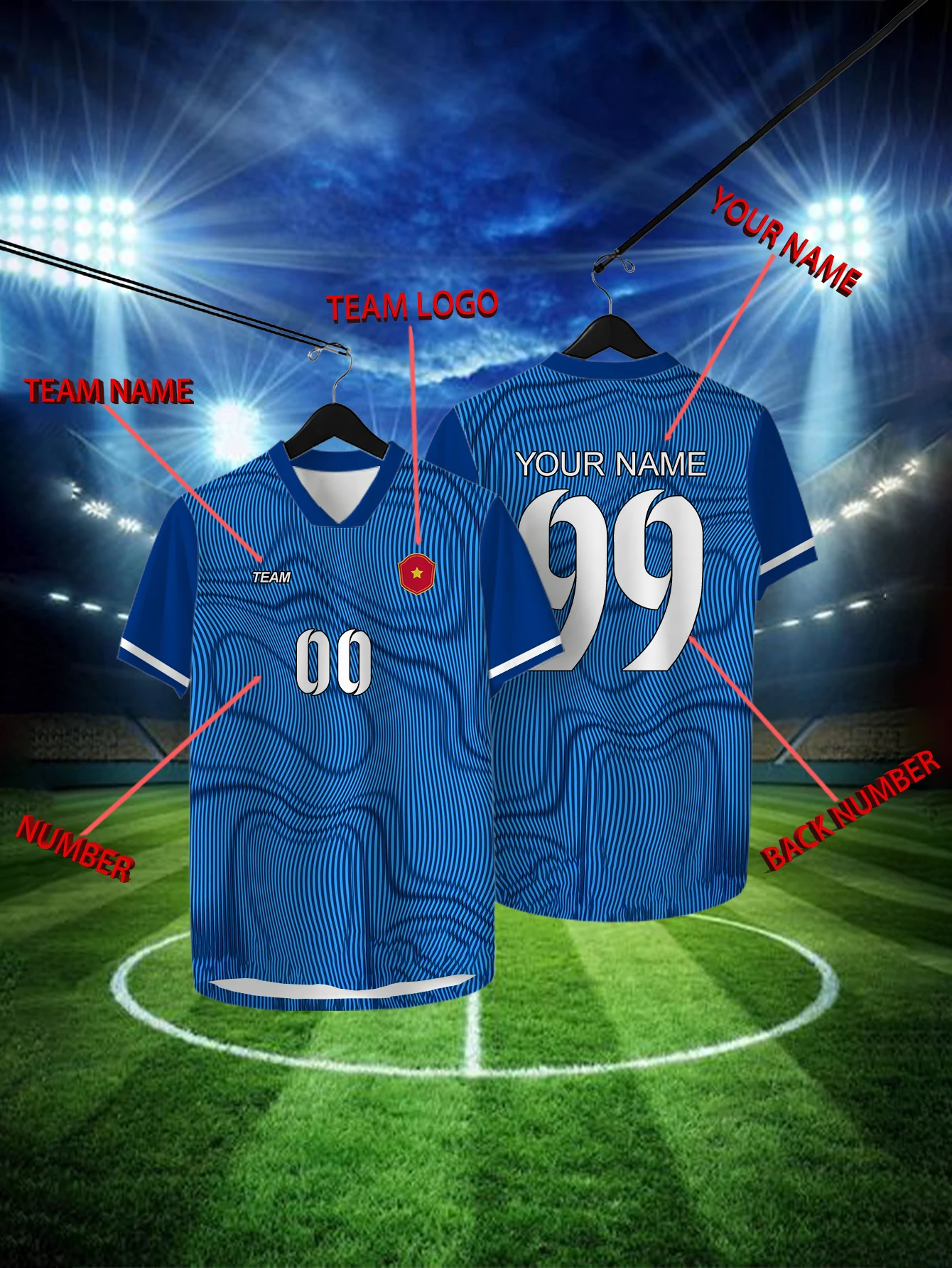 

Customized Geometric Blue Short Sleeved Shirt with Team Name, Emblem, Name and Number, Outdoor Sports Short Sleeved T-shirt