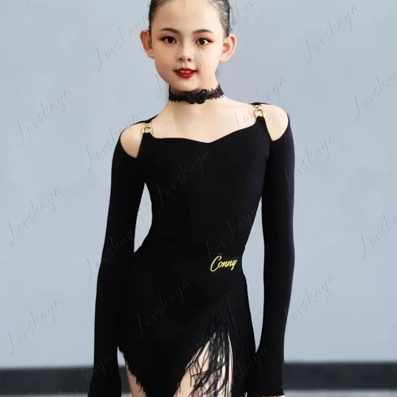 New Style Latin Dance Outfit - Women's Dance Training Suit with Long Sleeves and Frilled Skirt for Children in Black Set